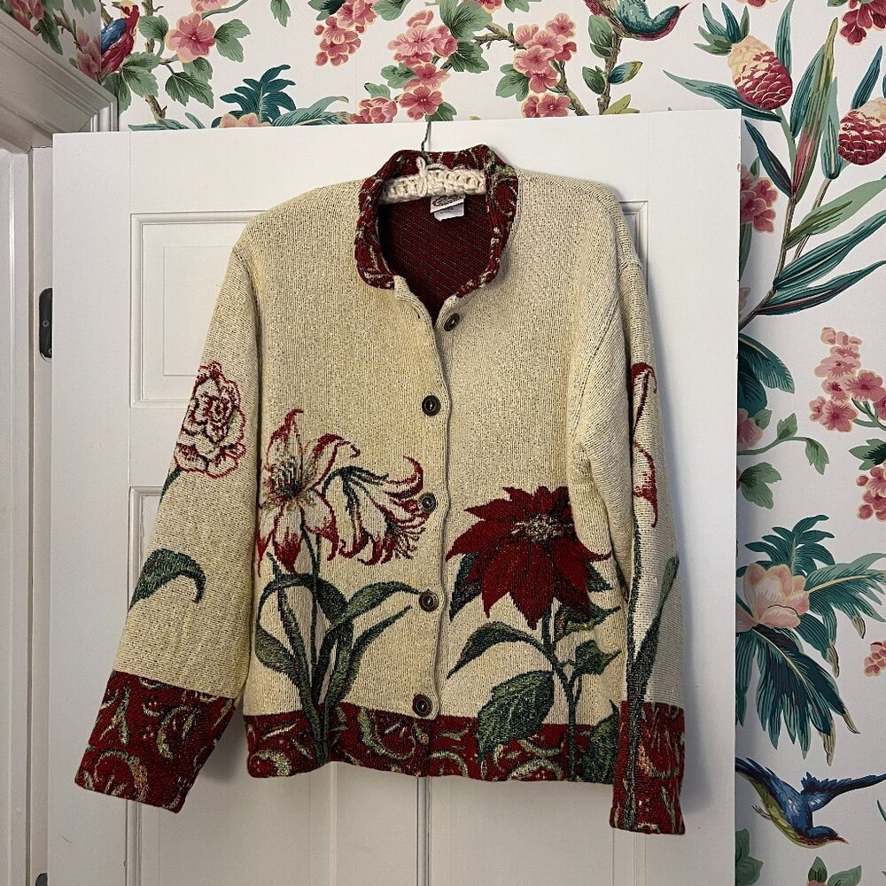 Sugar Street Weavers Tapestry Cardigan Jacket: Poinsettia Floral Size M